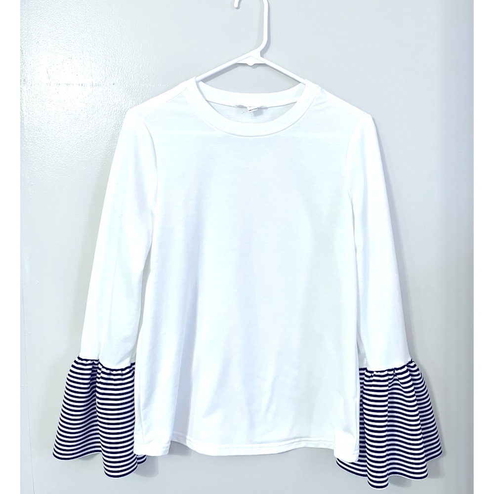 BeachLunchLounge, white longsleeve top w/ black&white striped ruffle at wrist, S
